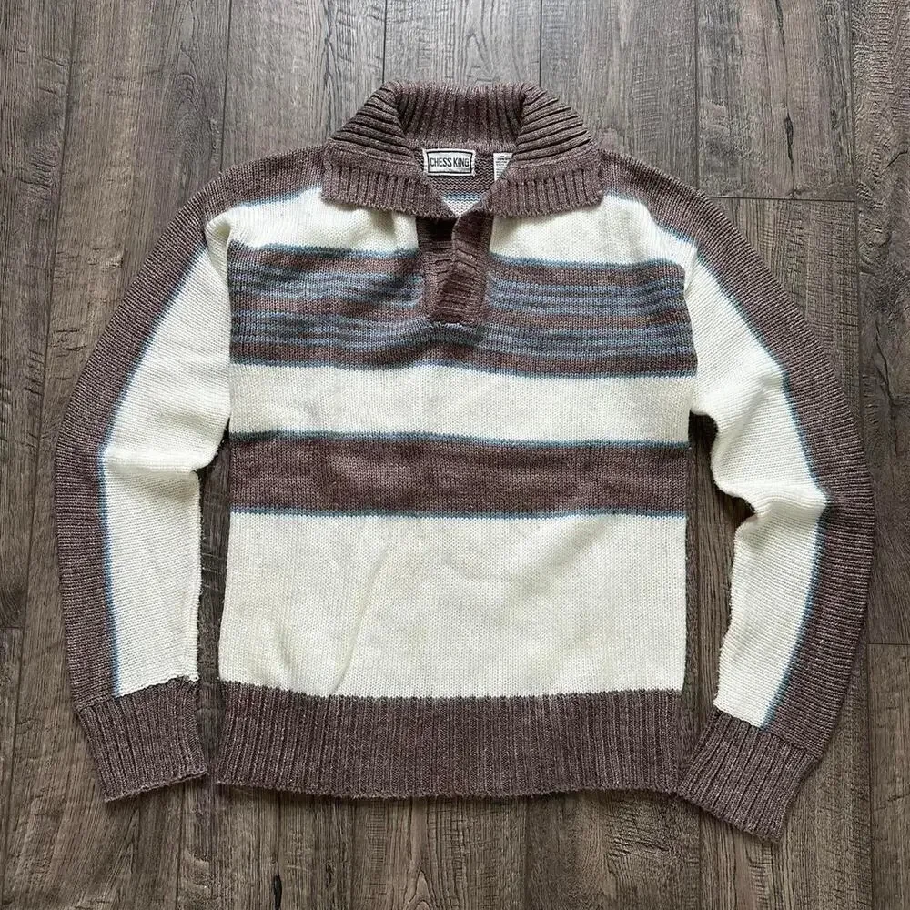Vintage 70s Striped Collar Rugby Preppy Knit Sweater Longsleeve Pullover - Picture 4 of 7